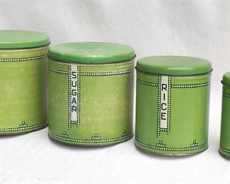 $30 - Vintage labeled canister set of 4 canisters, green Deco decoration.  H: 8" | diameter of largest: 8.5" [Bin 12C] 