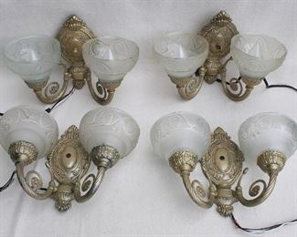 $120 - LOT 2-light Victorian style wall sconces, decorative globes, gold-painted metal, flame bulbs, 3 have 6' electric cords.  Each W: 14.5" | H: 10.5" | D: 6.5" | globe diameter: 6" - 4 available [Bin 13] 