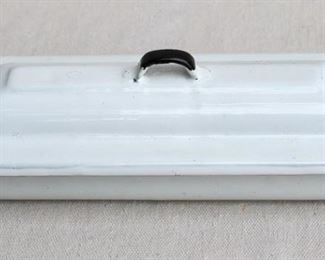 $20 - White enameled butter keeper.  L: 9" | W: 4" | H: 3" [Bin 12B] 