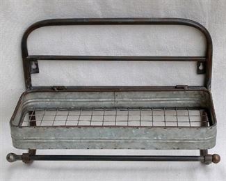 $30 - Galvanized metal shelf with towel bar, shelf has gallery & folds up.  W: 18" | H: 13" | D: 7" [Bin 12B] 