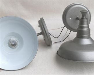 $45 - Lot of 2 wall-mounted metal light fixtures, pewter color, no cage for bulb, new & never used.  W: 9" | H: 9" | D: 10.5" | diameter of base: 5.5" [Bin 11B (dup)]