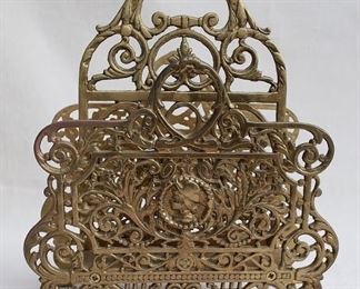 $30 - Letter/Magazine holder, cast metal, brass finish, ornate, 2 compartments.  W: 10" | H: 11.5" | D: 5" 