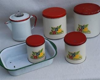 $60 - LOT- Vintage art deco set of 4 metal canisters
- Vintage rectangular green & white enamel pan  
- Vintage red & white enamel coffeepot w/ clear glass dome. AS IS:  missing basket and spindle missing [Bin 10A] 