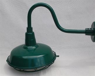 $45 - Electric lamp, for outdoor wall, green & white enamel, ground wire, grid to protect light bulb; brand new, never used.  L: 21"| W: 14"| Shade diameter: 12"  [On Shelf]