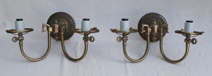 $75 - Pair of wall sconces, reproduction of electrified gas fixtures, 2 branches for narrow-base candle bulb, antiqued brass finish, Custom Lighting, model S63.  W: 15" | H: 11" | globe base diameter: 4.5" |  8" high w/o globes 