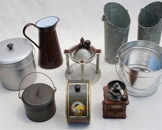 $60 - LOT - Enameled brown/white pitcher 
- 2 pails w/ bail handles and lids  
- Coffee grinder 
- Coffee cannister w/ goldfinch 
- Gradated pail w/ bail handle, no lid 
- 2  galvanized pitchers w/o handles 
- Mystery grinder [Bin 9B] 