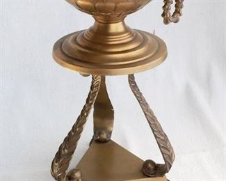 $20 - Brass bowl on pedestal, 2 bail handles, 3 claw feet .  W: 9" | H: 12.5" | bowl diameter: 7" [Bin 8B] 