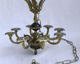 $75 - Hanging chandelier for 8 candles, brass & ebony.  W: 15.5" | H: 15.5" | chain length: 50" [Bin 8B] 