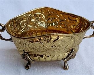 $20 - Stamped brass bowl w/ handles.  L: 10" | W: 5.5" | H: 4.5"  [Bin 7B]