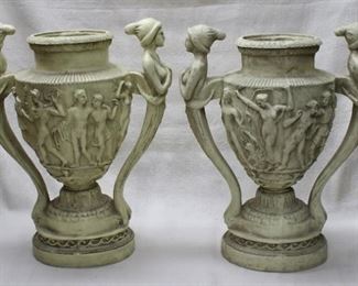 $30 single cast resin urn , dancing figures w/ phrygian caps as handles and on urn, decorative use only.  W: 17" | H: 20.5" | D: 10" [Props]  ONE SOLD ONE AVAILABLE