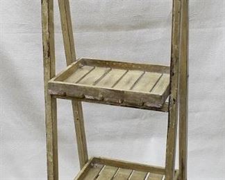 $120 - Wood display stand, folding, 2 shelves, hanging sign w/ 3 knobs and 9"x5" chalk board on one side.  W: 14" | H: 38" | D: 12.5" [Props] 