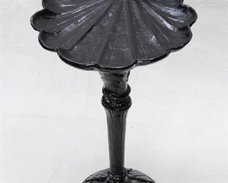 $30 - "Bird bath", black-lacquered cast metal, pierced pedestal, scallop-shaped basin.  W: 10.5" | H: 16" [Props] 