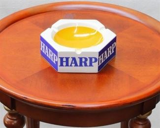 $15 - Hexagonal ashtray, "HARP" written on each side, ceramic glazed blue and white outside yellow interior | Irish Items, Wade, England.  W: 6.25" | H: 2.25" [Irish items] 