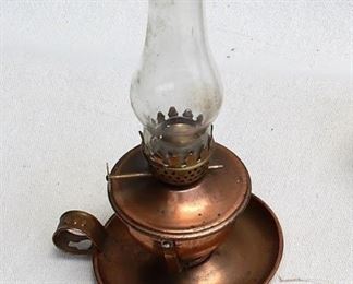 $20 - Kerosene lamp, copper base w/ handle, glass chimney.  H: 8" | Diam: 4" - 2 available [Props] 