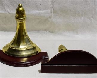 $45 - Pair of wall sconces, brass and wood, groove on top to support a plate.  L: 10" | W: 9" | H: 4"  [Props] 
