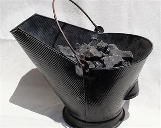 $25 - Coal scuttle, black metal, utilitarian design w/ two handles, contains "coal".  L: 16.5" | W: 12.5" | H: 16.5"  [Props] 