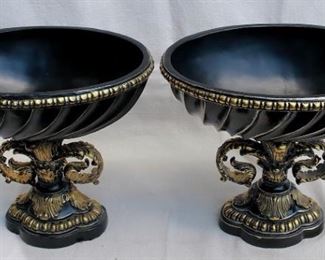 $40 - Pair of mantel ornaments, oval bowls, black and gold painted resin.  W: 13.5" | H: 12" | D: 10"  [Props] 