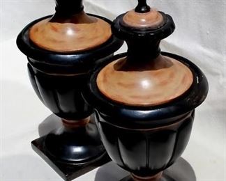 $45 - Pair of mantel ornaments , round lidded urns, black and brown painted resin. Southern Living At Home.  W: 7.5" | H: 17" [Props] 