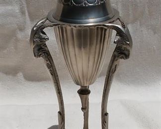 $40 - Incense burner, pewter, lidded egg shape on 3 stylized rams.  H: 12" | D: 4.75" [Props] 