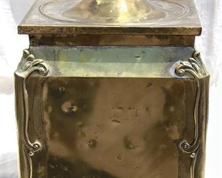 $50 - Covered bin, brass, w/ handles, claw feet, finial in shape of covered urn. AS IS: dents from use, mended.  W: 14" | H: 17" | D: 14" [Props] 