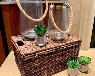 $16 Pottery Barn Basket with lid 16”x11.5”x8.5”       $30 Pair of Brass Rim & Base Rope Lanterns 10”/12”  $8 Set of 3 artificial succulents 5” 