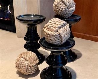 $30 Set of 3 Black Ceramic Candle Holders           $4/each Nautical Rope Balls 