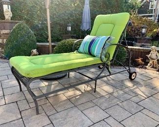 $100 Black Outdoor Lounger with Wheels. This adjustments on this lounger allows for comfort at any angle. Green Chaise Cushion Included 27x67x35