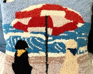 Hooked pillow - labs on the beach. 