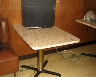 Vintage Bar Bistro Tables, 1 Brown Restaurant Booth Seat at Left