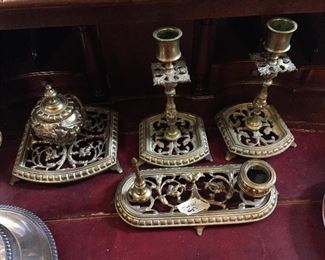 Antique brass desk set