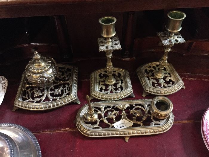 Antique brass desk set