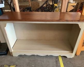 #50	cream painted with wood top 1 shelf cabinet 48x14x28	 $100.00 

