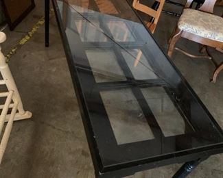 #60	black sofa table with glass top with moldings  61x17x29	 $75.00 
