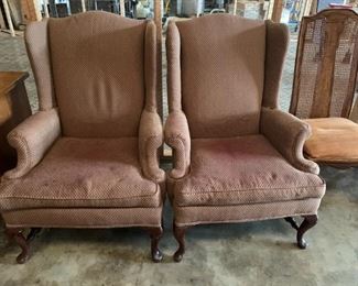 #99	(2) queen Anne wing back chairs brown cross hatch  $75 ea.	 $150.00 
