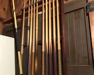 pool cues - and pool table from an exhibition game featuring Fats Waller and Muscovy.  Pool rack also available 