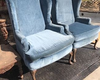 Pair of blue velvet wing back chairs