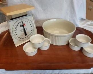 MCM Sunbeam Wood Tray * Metal Hanson Scale * Capri Stoneware * 6 Ramekins