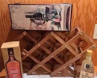 Decorative Liquor Box * Wood Wine Rack * Complimentary Bottle of unopened Seagrams Gin & Sauza Tequila