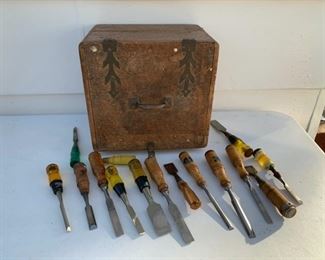 HALF OFF !  $50.00 NOW, WAS $100.00...............Antique Chisels and Unique Antique Chisel Box (P098)