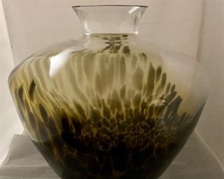 $50 - Large Green and Clear Glass Vase, made in Poland 13.5" H x 14" diameter