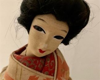 $20 - Silk Chinese Doll #1; 14" tall on a 6" square base, handpainted face