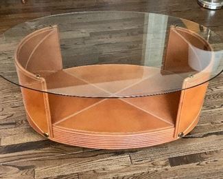 $495 - Oval Glass Topped Coffee Table with leather stitched base, 18.5" H x 29.5" D x 46" W