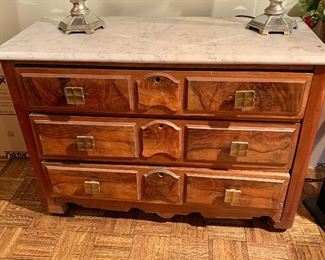 $250 - Vintage Three Drawer Dresser with Marble Top and Square Metal Drawer Pulls; as is, bottom drawer sticks, 30" H x 17.5" D x 41.5" W