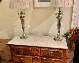 $150 - Pair of Lamps with Mirrored Panel Bases, tested and working. Each is 35" tall, with a 15" diameter pleated shade and two lights with chain pulls -- both work, one lamp has one slightly loose socket 