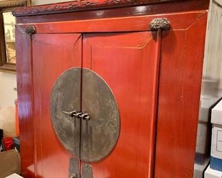 $2,500 - Chinese Red lacquered Ming style wedding cabinet - 66.5" H x 22" D x 40.5" W 