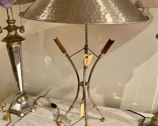 $160 - Ethan Allen Arrow Lamp with Hammered Metal Shade, tested and working, two lights with two brightness settings; base is 30" H x 10" W with a 18.5" diameter shade