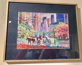 $40 - Central Park Carriage Print, color offset litho print in frame, 16.5" H x 20" W  