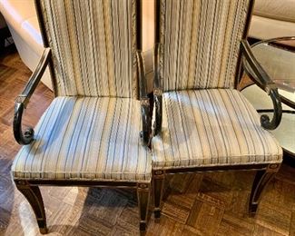 $350 - Pair of  Regency style Vintage Black and Gold Frame Upholstered Armchairs; 42.5" H x 25" D x 21" W, seat height is 18" 