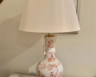 $495 - Pair of Ceramic Vase Lamps, tested and working. Each is 39" H with a 10" diameter base and 20" diameter shade