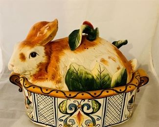 $125 - Fitz & Floyd Handpainted Rabbit Soup Tureen with Ladle, 9.5" H x 8" D x 13" W 